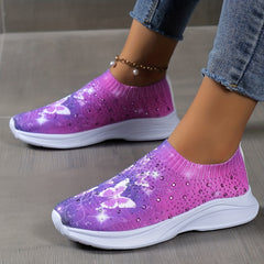 Rhinestone Decor Butterfly Print Soft Sole Sneaker