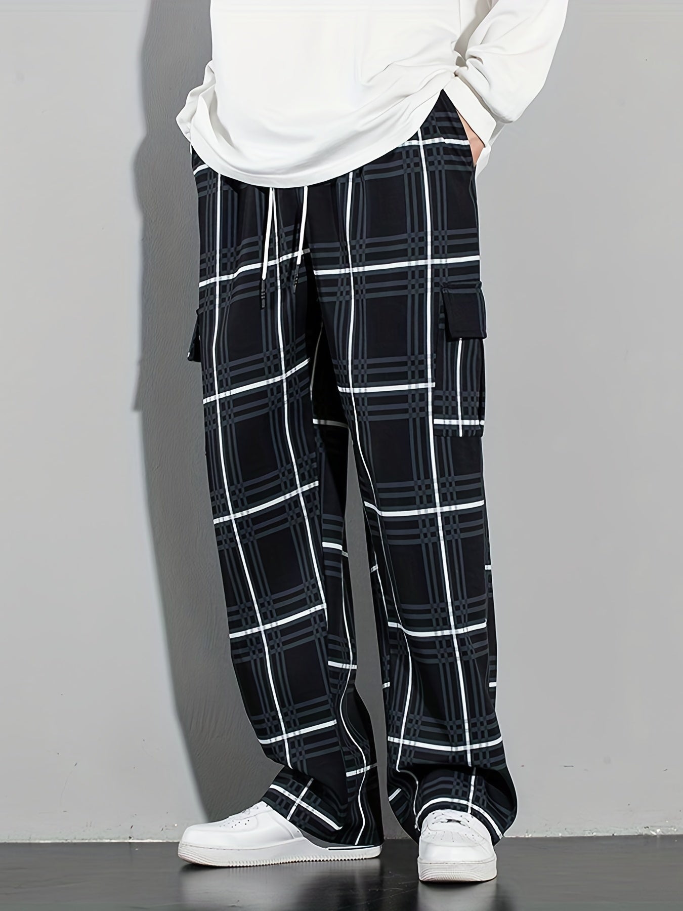 Vintage Plaid Cargo Pants Men's Flap Pocket Straight Trousers