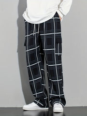 Vintage Plaid Cargo Pants Men's Flap Pocket Straight Trousers