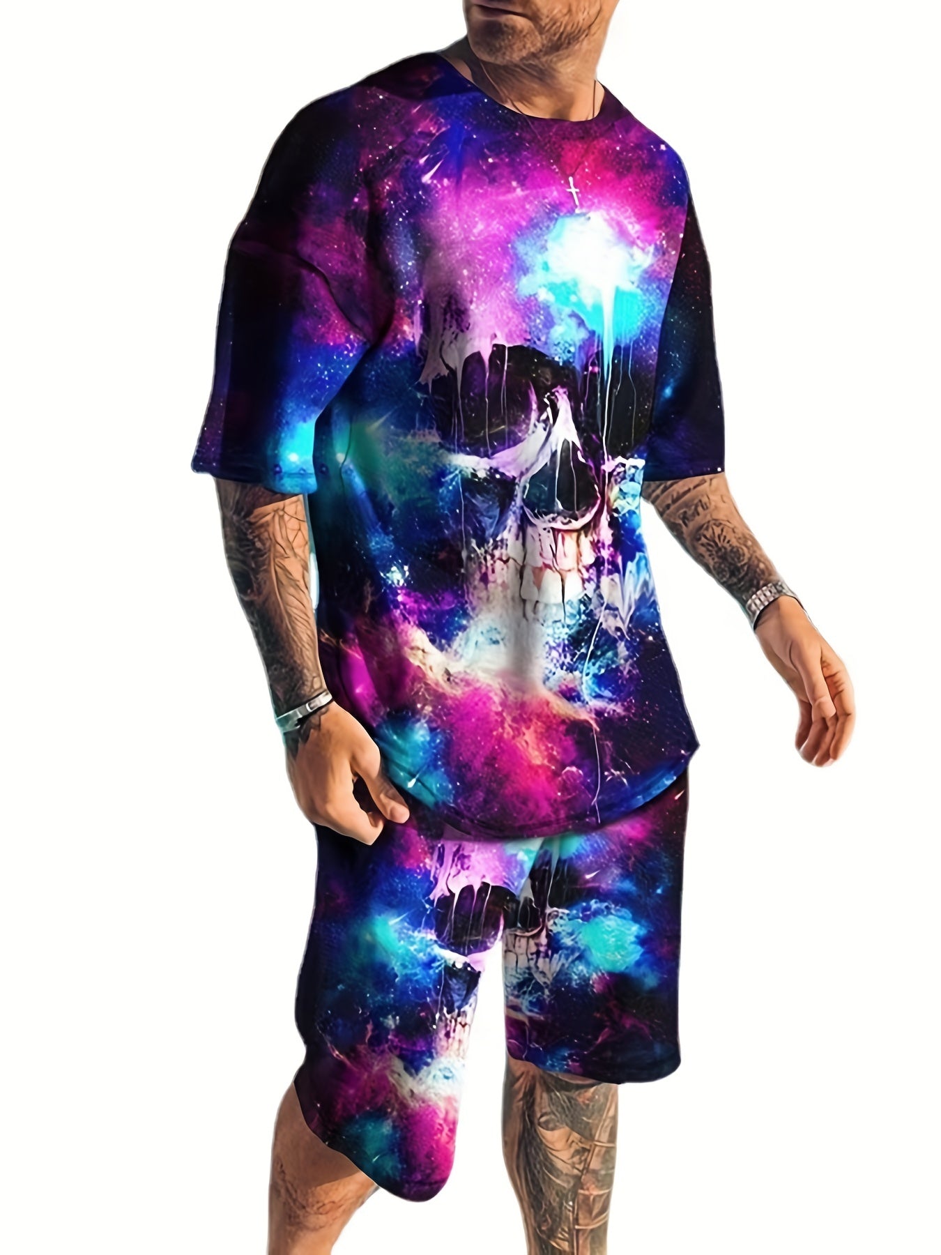 Men's Splatter & Skull Graphic T-shirt & Shorts Set