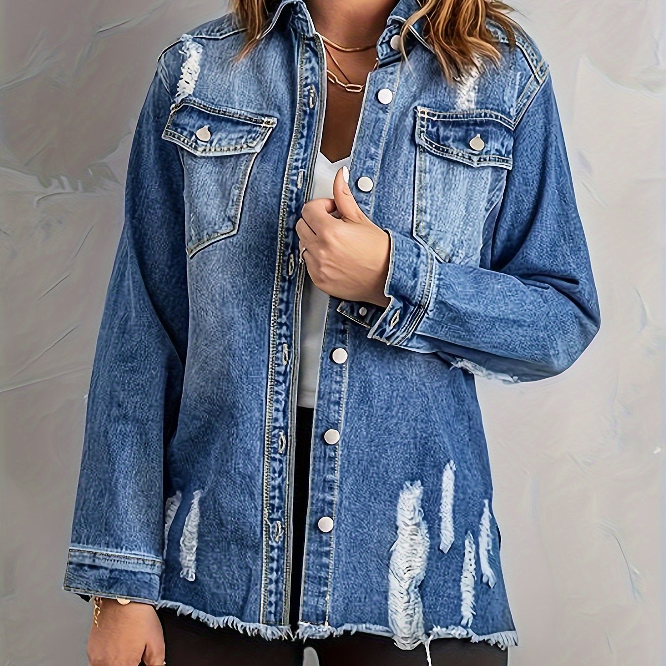 Ripped Denim Jacket Women's Long Sleeve Washed Jean Jacket