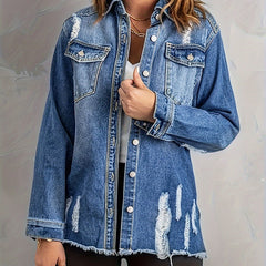 Ripped Denim Jacket Women's Long Sleeve Washed Jean Jacket