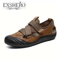 EXSHERO Men's Leather Sandals Outdoor Non Slip Beach Shoes