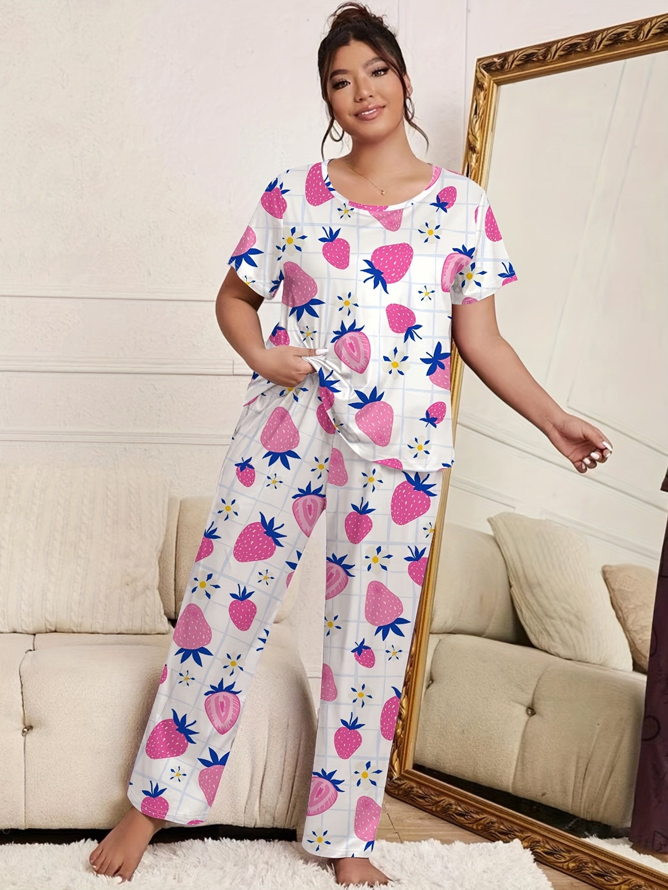 Strawberry & Flower Print Pajama Set Two Piece Loungewear