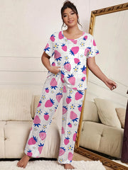 Strawberry & Flower Print Pajama Set Two Piece Loungewear