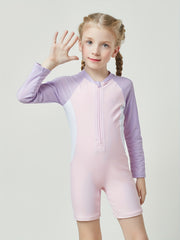 Comfy Stretchy Splicing Long Sleeve Half Zip Swimwear For Girls