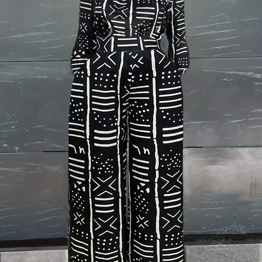 Geometric Print Off Shoulder Crop Top & Pants Set