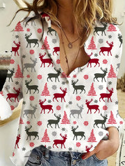 Plus Size Christmas Elk & Tree Print Long Sleeve Blouse