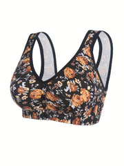 4pcs Wireless Floral Print Front Buckle Bras Women's Lingerie