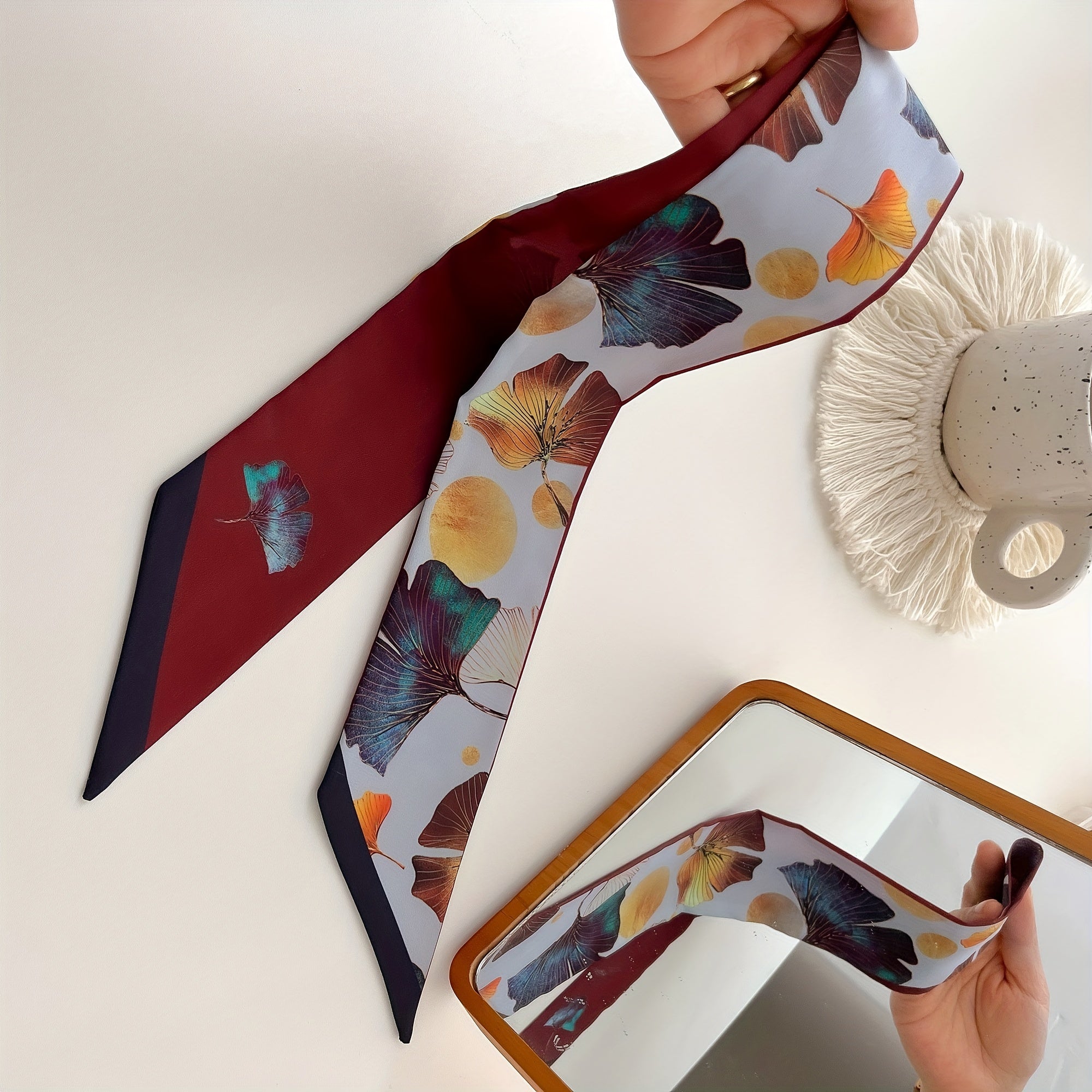 Ginkgo Leaf Print Skinny Scarf Long Neckerchief Hair Ribbon Accessories