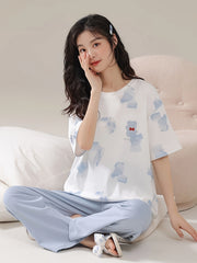 Bear Print Pajama Set Short Sleeve Top & Pants Women's Sleepwear