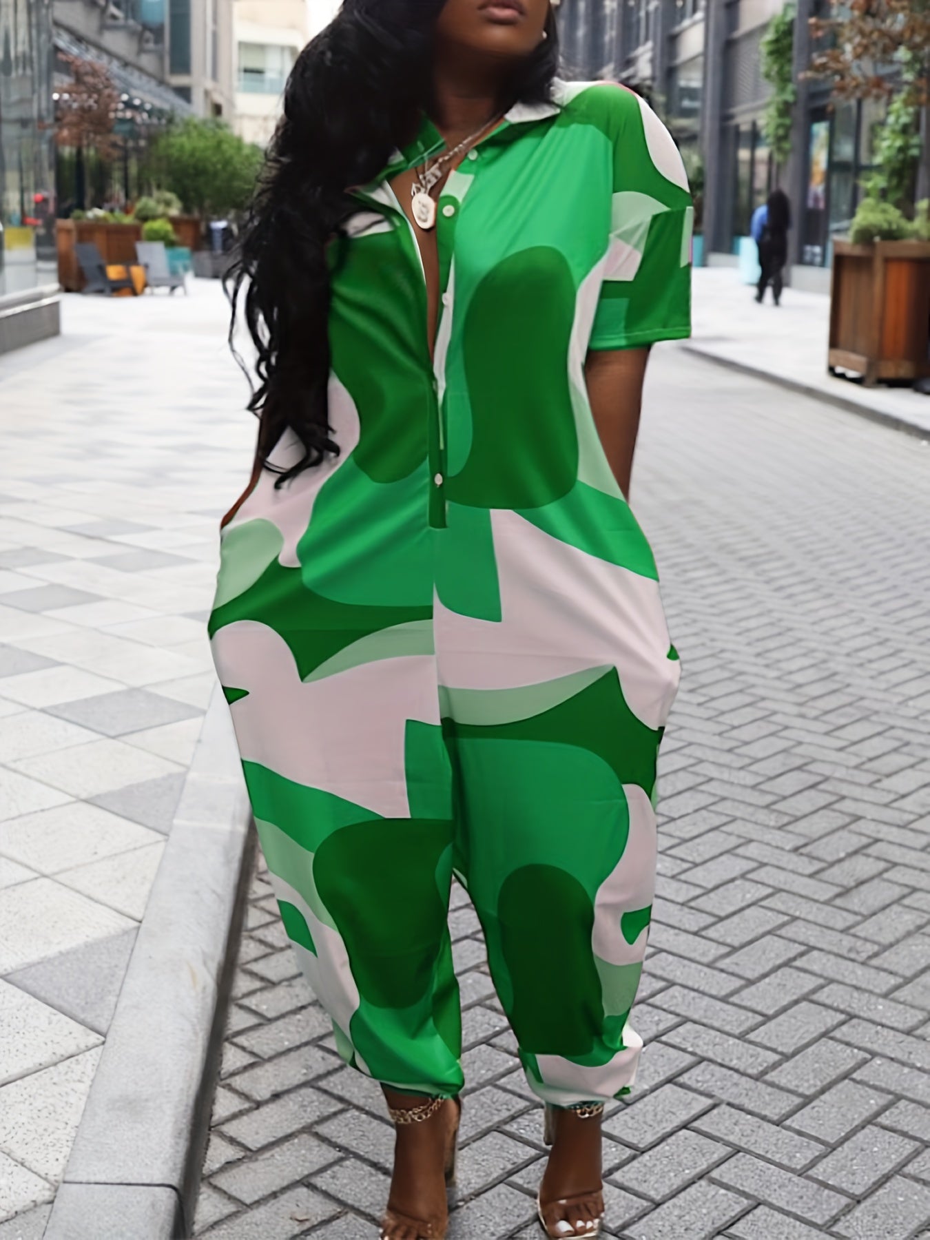Elastic Bottom Jumpsuit Casual Short Sleeve Button Jumpsuit