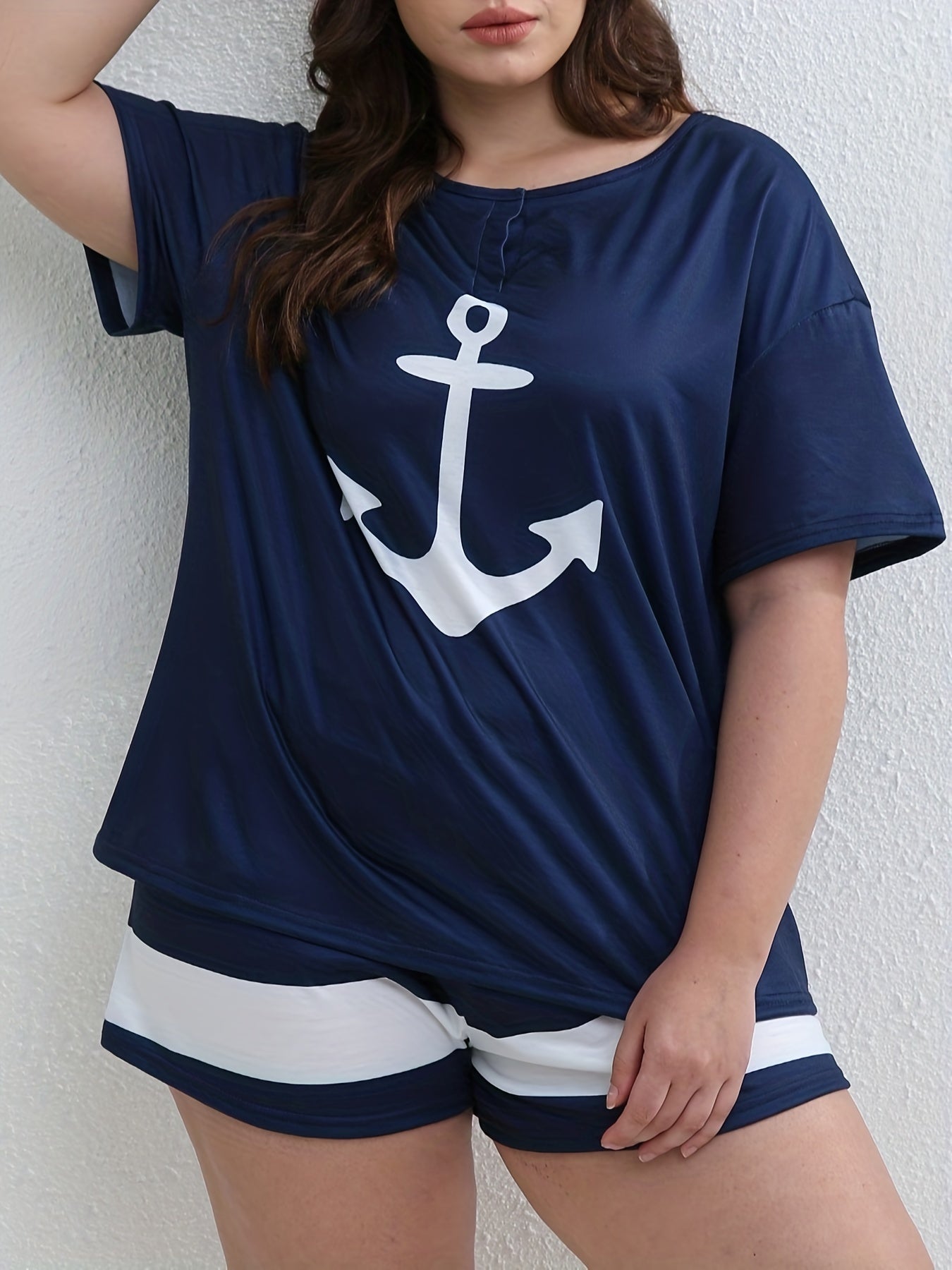 Anchor Print Tee & Colorblock Shorts Set