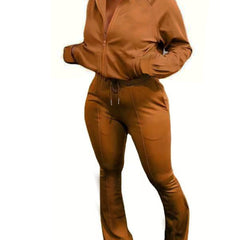 Solid Long Sleeve Top & Flared Leg Pants Set