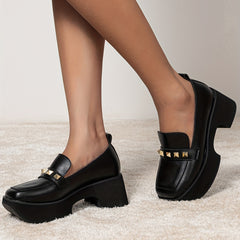 Women's Platform Chunky Loafers Rivet Decor Slip-On Shoes