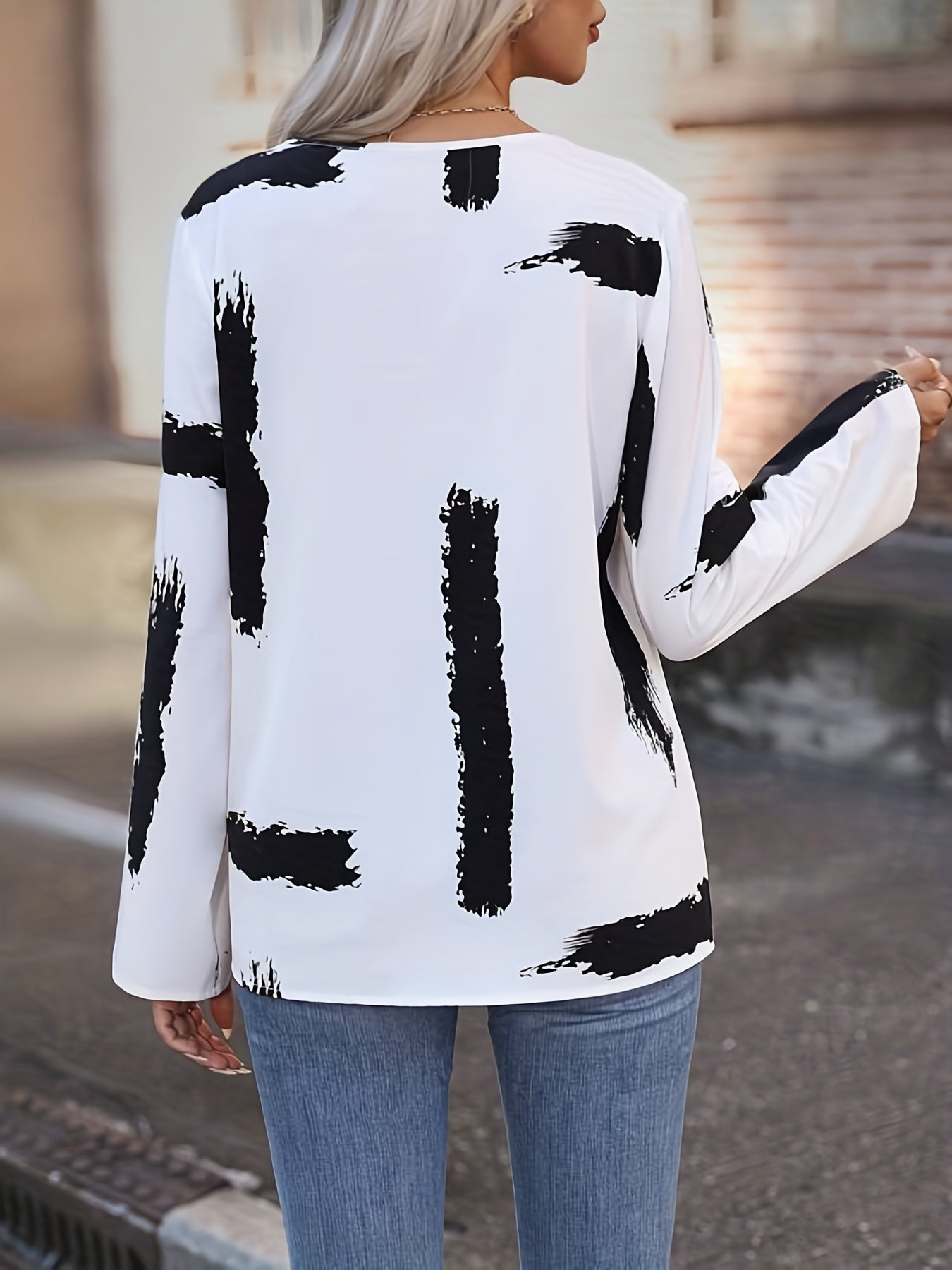 Casual Blouse Women's Plus Brush Print Roll Up Long Sleeve