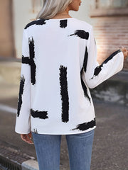 Casual Blouse Women's Plus Brush Print Roll Up Long Sleeve