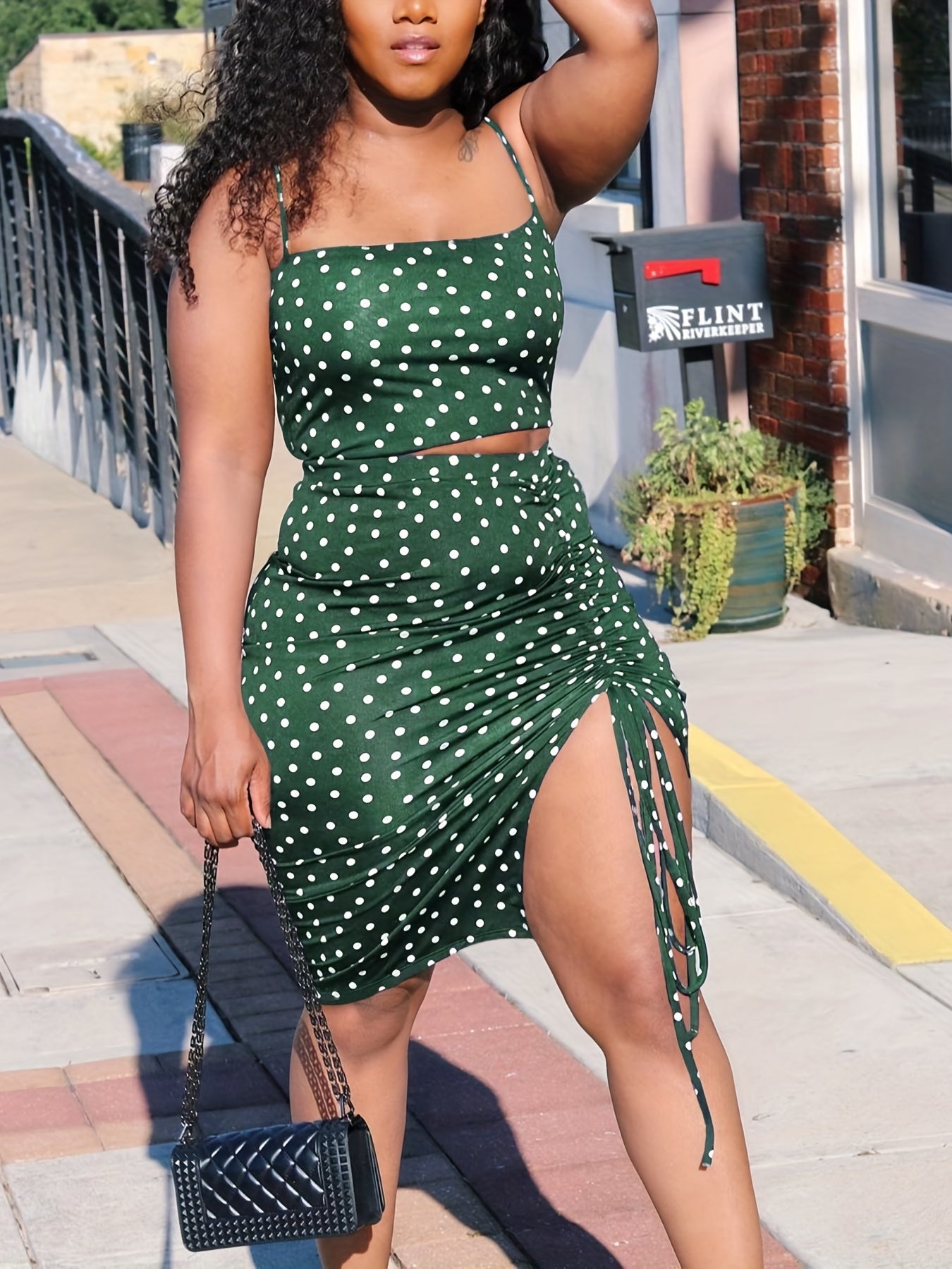 Polka Dot Two piece Skirt Set Crop Cami Top & Drawstring Skirt