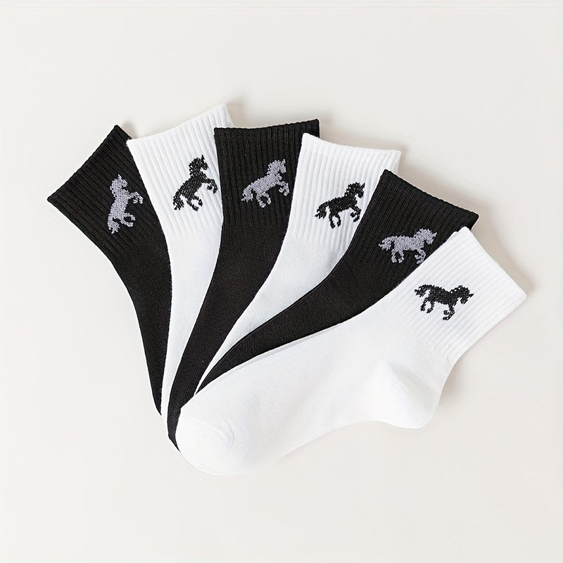 6 Pairs Horse Pattern Ribbed Socks Women's Stockings