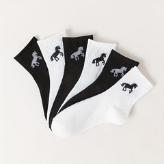 6 Pairs Horse Pattern Ribbed Socks Women's Stockings