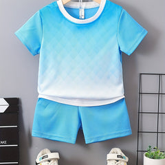 2pcs Boys Gradient Casual Outfit T-shirt & Shorts Set Kids Summer Clothes