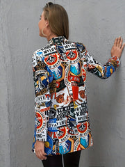 Graffiti Print Lapel Neck Blazer Casual Single Button Long Sleeve Blazer
