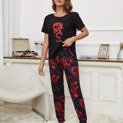 Dragon Print Pajama Set Short Sleeve Crew Neck Top & Elastic Waistband Pants