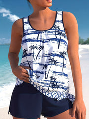 Tropical Print Tankini Set Round Neck Knot Side Swimwear 2 Piece Set