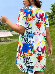 Colorblock Letter Print Short Sleeve Dress