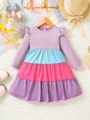 Girls Rainbow Tiered Long Sleeve Casual Swing Dress