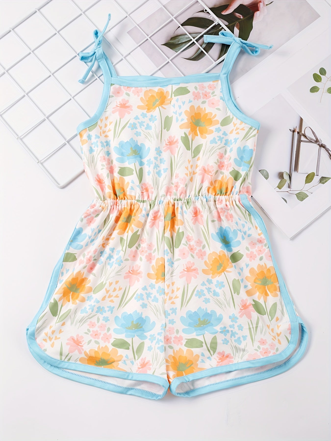 Toddler Girls Flowers Graphic Bow Sunflower Cami Rompers