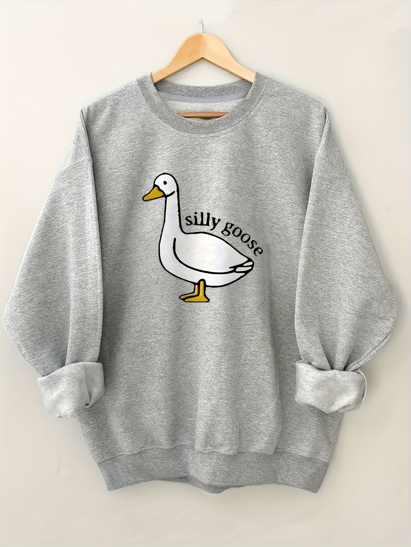 Silly Goose Print Pullover Sweatshirt Crew Neck for Spring & Fall