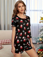 Christmas Santa Print Pajama Set Short Sleeve Top & Shorts Women's Sleepwear