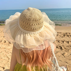 Ruffled Sun Hat Lace Straw Bucket Hat