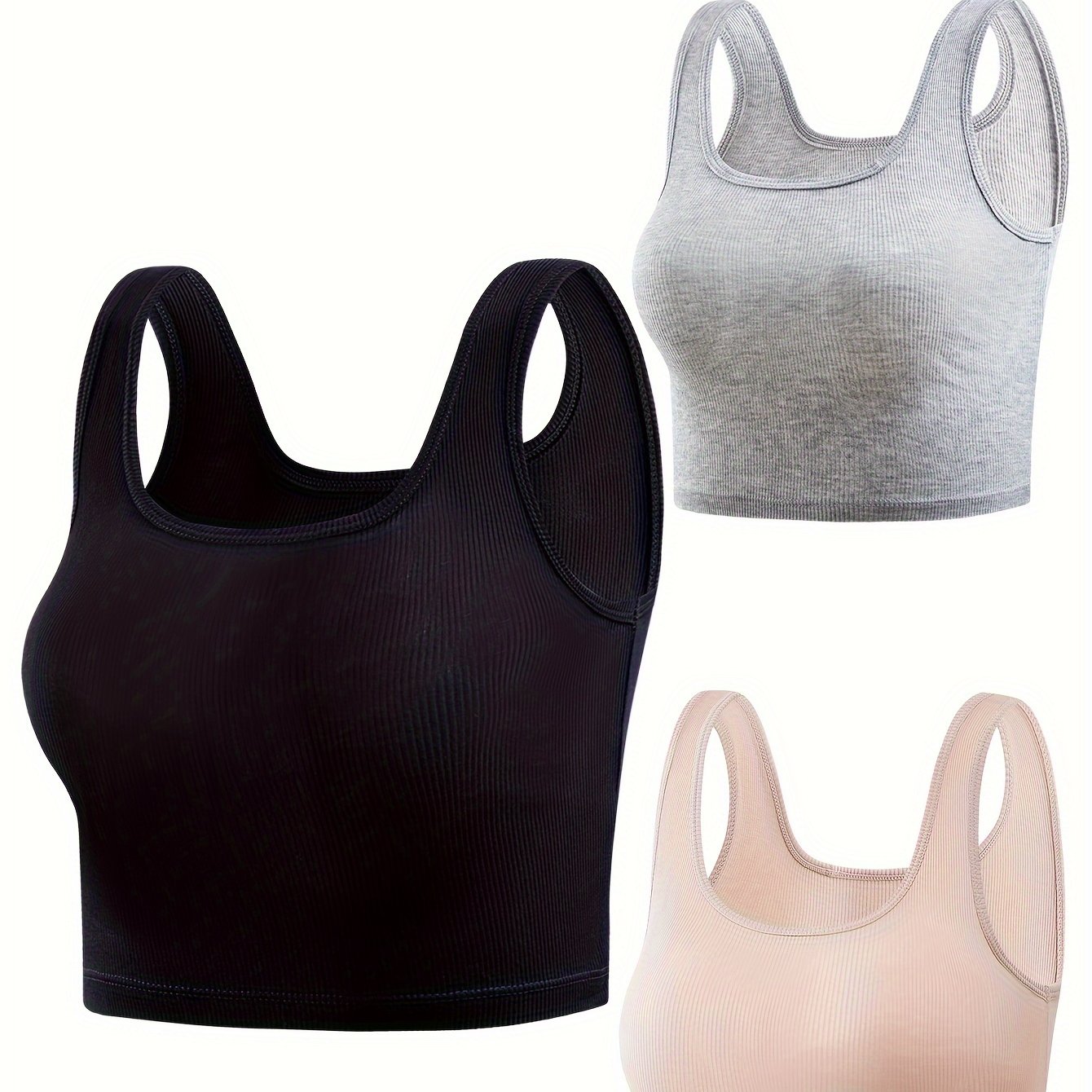 3pcs Ribbed Tank Tops Sleeveless Slim Fit Women's Lingerie