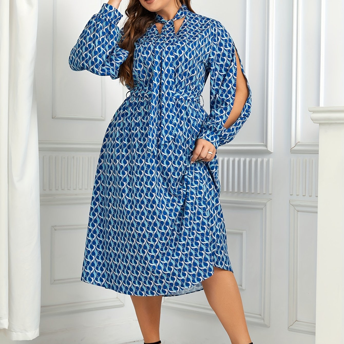 Dress Women's Plus Geometric Print Lantern Sleeve A line Maxi Dress