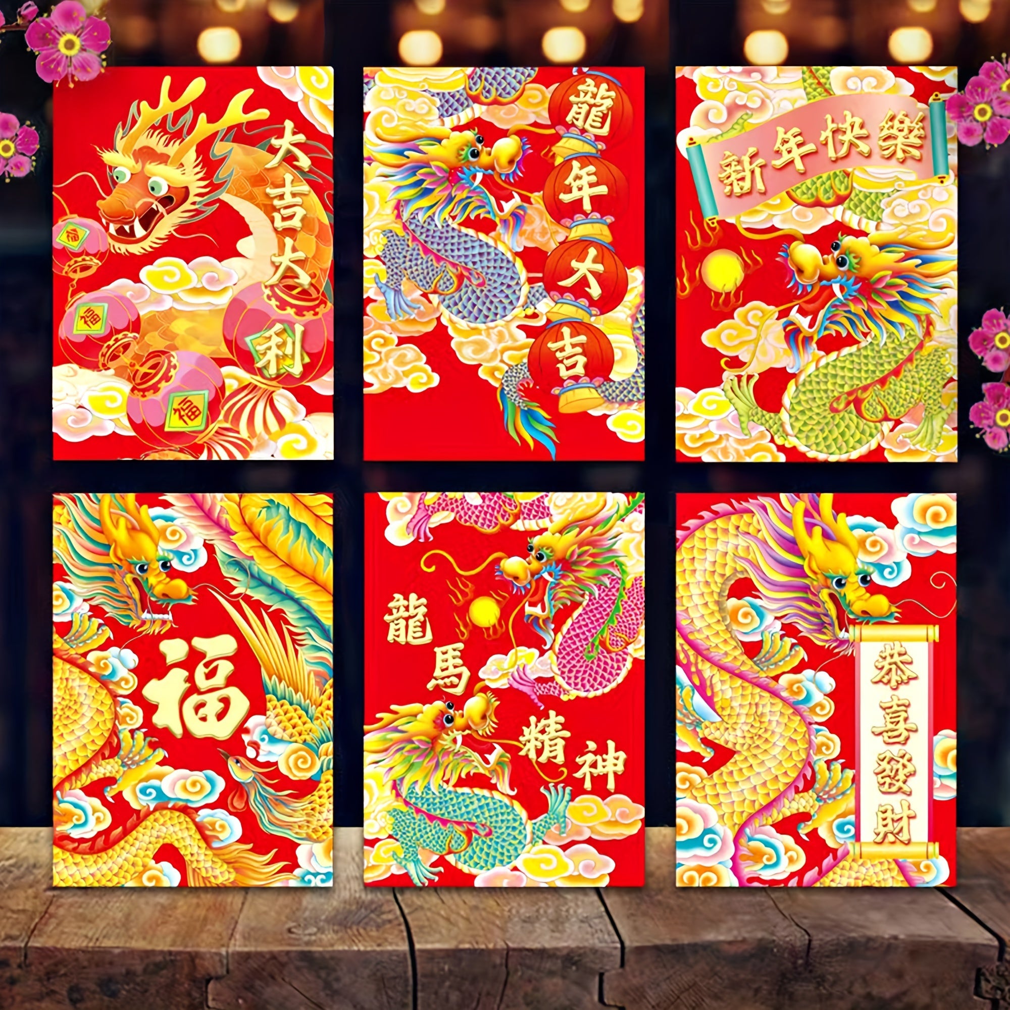 6pcs Chinese New Year Red Packets for Year Of The Dragon Celebrations