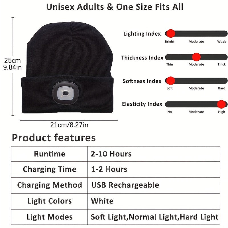 USB Rechargeable LED Beanie Hat - Hands-Free Winter Knitted Night Light Cap
