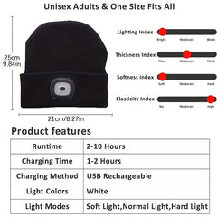 USB Rechargeable LED Beanie Hat - Hands-Free Winter Knitted Night Light Cap