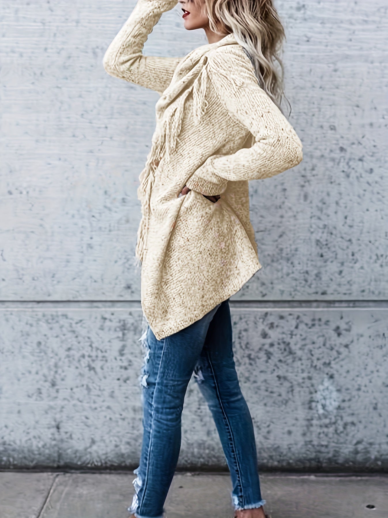 Casual Sweater Women's Plus Tassel Trim Cowl Neck Jumper