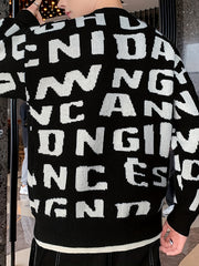 Knitted Letter Print Sweater Men's Casual Round Neck Pullover Sweater