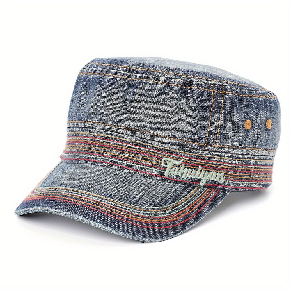 Washed Denim Military Cap Embroidered Army Hat Women Flat Top Cadet Hats