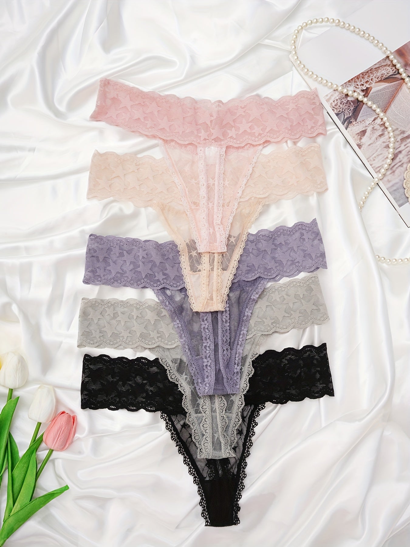 5pcs Floral Lace Thongs Sexy Semi Sheer Trim Panties Women's Lingerie