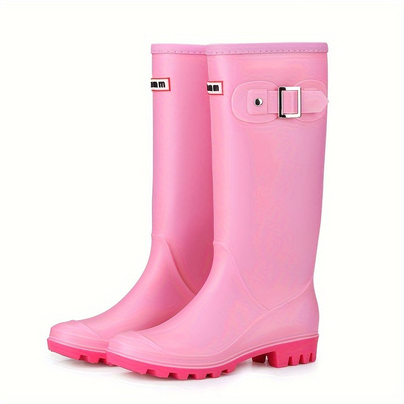 Women's High Top Buckle Rain Boots Waterproof & Wear Resistant