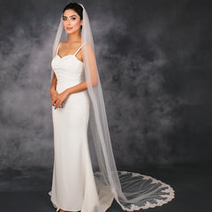 Single Layer Bridal Veil With Lace Trim Sheer Tulle Wedding Accessory