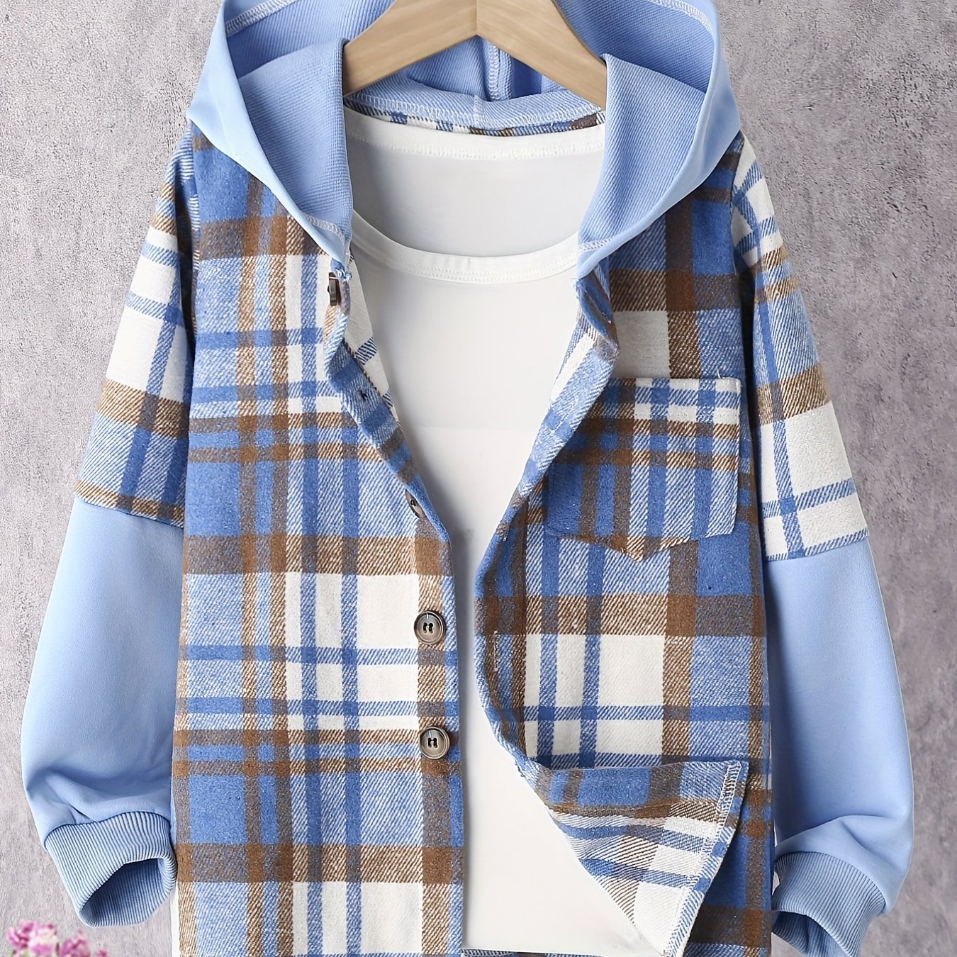 Girls' Classic Hooded Plaid Jacket Long Sleeve Button Up Outwear