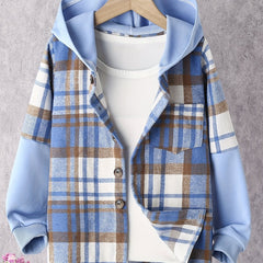 Girls' Classic Hooded Plaid Jacket Long Sleeve Button Up Outwear