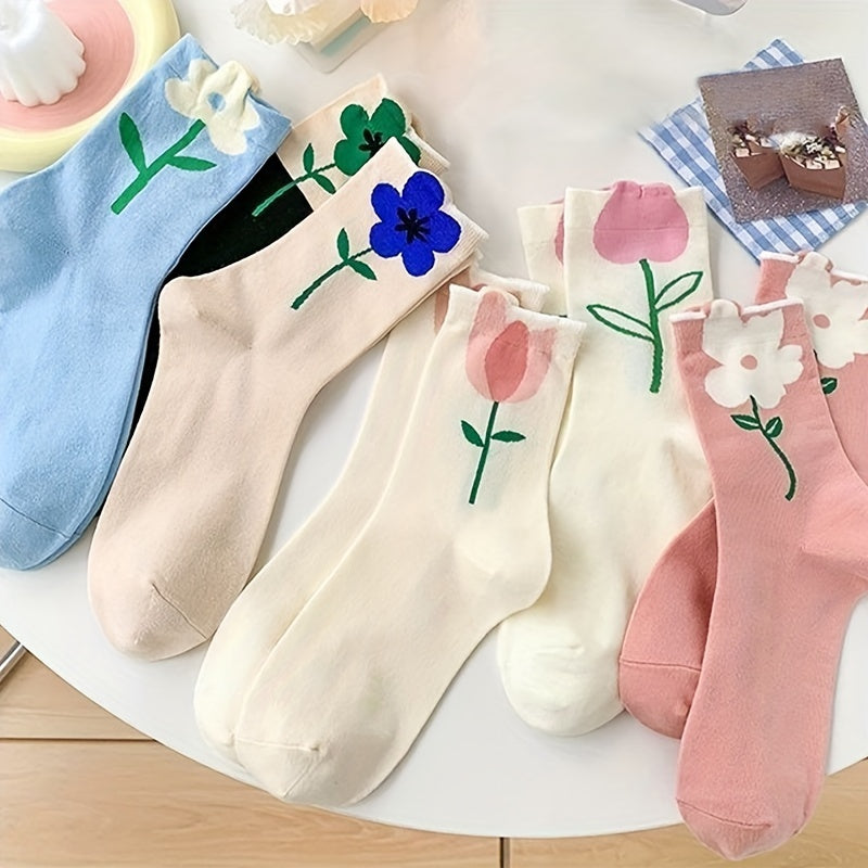 6 Pairs Floral Print Mid Tube Socks Women's Stockings