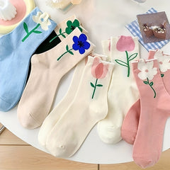 6 Pairs Floral Print Mid Tube Socks Women's Stockings