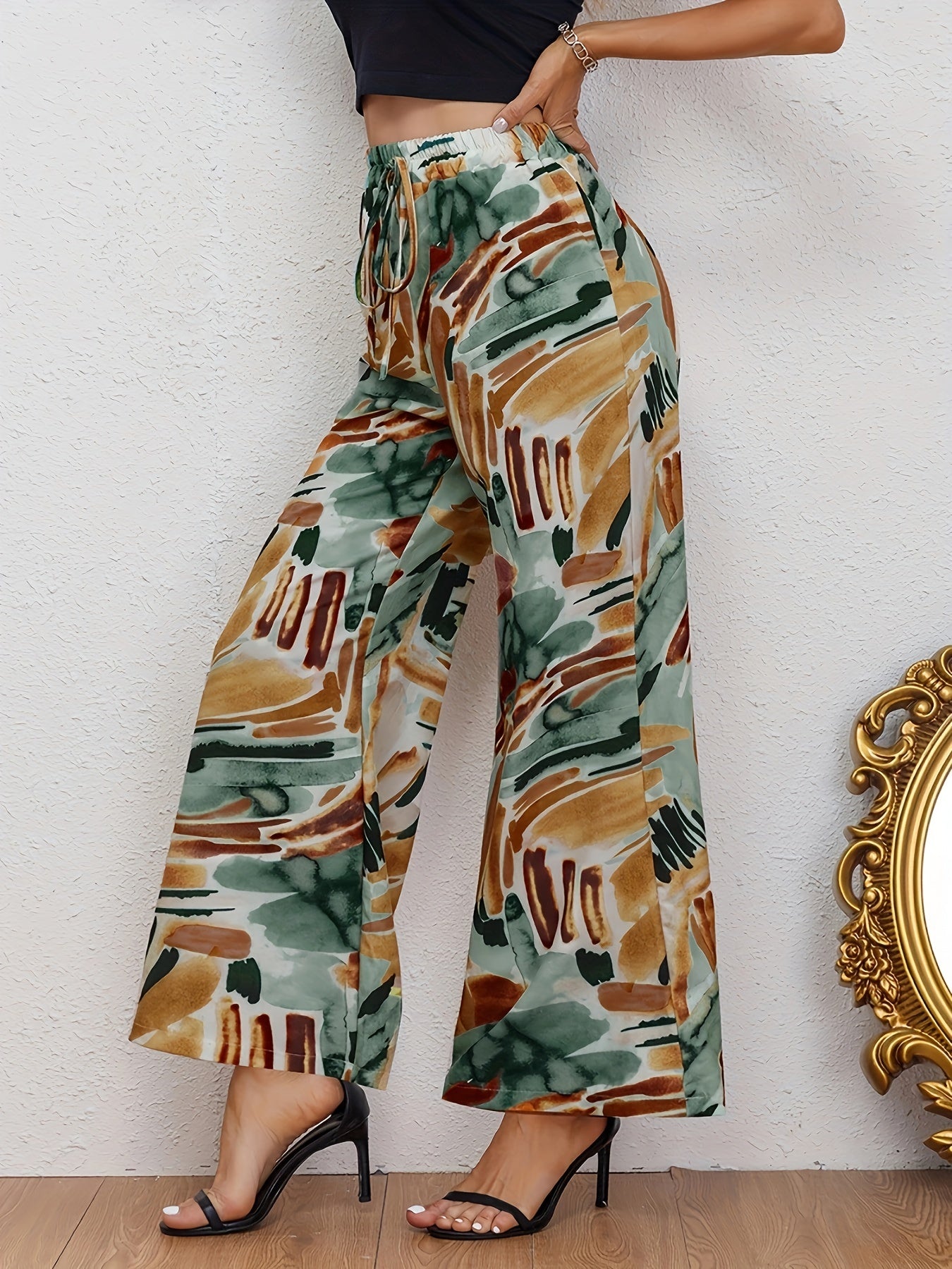 Abstract Print Wide Leg Pants Casual Drawstring Waist Random Print Pants